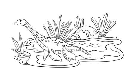 Vector coloring page with lake and swimming dinosaur. Stock hand drawn illustration with cute plesiosaur in the water. Doodle outline art for kids.のイラスト素材