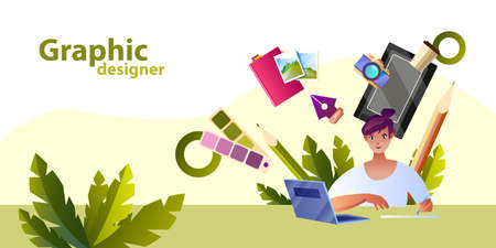 Creative banner with young graphic designer, laptop, tablet, colors, notebook and pencil. Freelance concept in flat style with smiling female character and tropical leaves. のイラスト素材