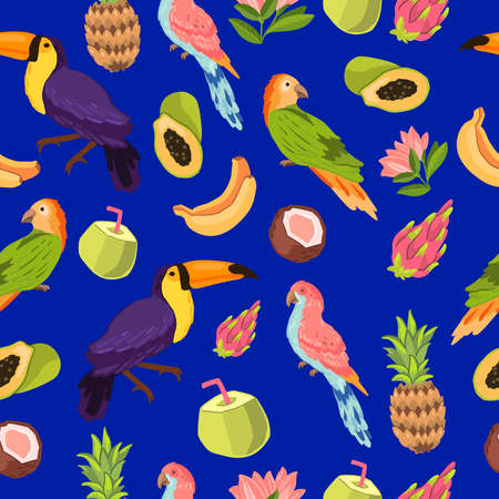 Vector tropical seamless pattern with toucan, parrots, coconut, dragon fruit, papaya, banana and branches on blue background. Exotic summer texture for wrapping paper, apparel, linen, wallpapers, etcのイラスト素材