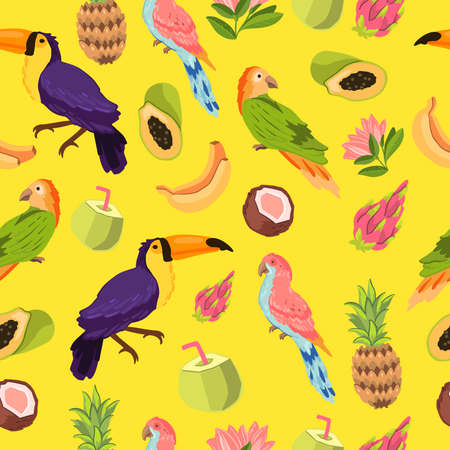 Vector tropical seamless pattern with toucan, parrots, coconut, dragon fruit, papaya, banana and branches on yellow background. Exotic summer texture for wrapping paper, apparel, linen, wallpapers, etcのイラスト素材