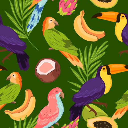 Vector tropical seamless pattern with toucan, parrots, coconut, dragon fruit, papaya, banana and branches on green background. Exotic summer texture for wrapping paper, apparel, linen, wallpapers, etcのイラスト素材