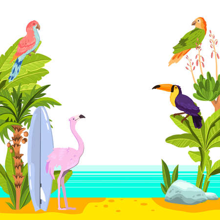 Vector summer background with palm, toucan, banana, parrot, flamingo, surfboard on the sand. Tropical seashore landscape with ocean, exotic plants and birds. Banner for sales, advertisements, flyersのイラスト素材