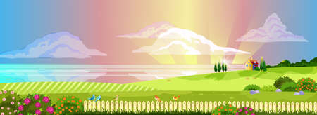 Horizontal countryside view with sunset rays, clouds, river, little house, birds on the fence and blooming bushes. Spring panoramic landscape in cartoon style with copy space for banners, wallpapersのイラスト素材