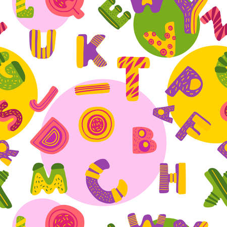 Vector hand drawn seamless pattern with English alphabet letters. Abstract colorful kids' texture for apparel, linen, wrapping paper, textile, etc.のイラスト素材