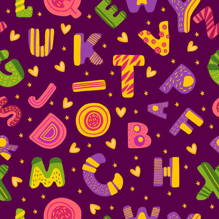 Vector hand drawn seamless pattern with English alphabet letters. Abstract colorful kids' texture for apparel, linen, wrapping paper, textile, etc.のイラスト素材