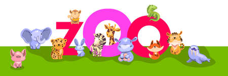 Vector zoo banner with big letters and little baby animals â pig, elephant, fox, tiger, zebra, hippo, giraffe, jaguar, iguana, seal. Tropical and forest animals on green and white background.のイラスト素材