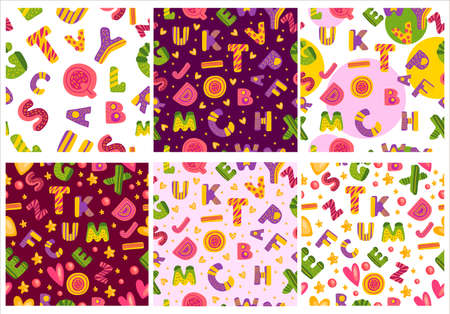 Vector stock set of six alphabet seamless patterns. Colorful textures with decorative letters, hearts and stars. Simple background for apparel, wrapping paper, baby textile, wallpapers, linen.のイラスト素材