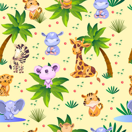Vector tropical seamless pattern with palm, baby animals and sand. Kids jungle texture with leopard, elephant, tiger, giraffe, zebra, hippo and koala. For apparel, linen, textile, wrapping paper.のイラスト素材