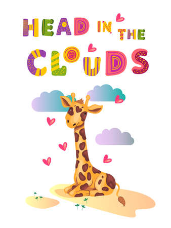 Vector stock illustration with cute giraffe, clouds and lettering. Nursery poster for kidsâ room, prints, t-shirts in cartoon style. Isolated on white.のイラスト素材