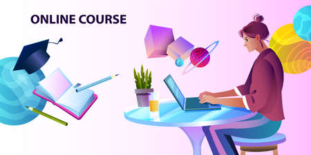 Online course banner with young female character working remotely with her laptop. E-learning concept with table, chair, successful freelancer, notebook, academic cap, book, abstract shapes.のイラスト素材