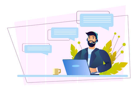 Customer support banner with smiling male character, leaves, laptop, abstract messages. Online...
