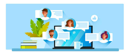 Vector business illustration with laptop, male and female profile avatars, abstract messages, coffee...