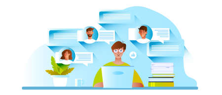 Vector illustration with successful boss woman, laptop and houseplant. Remote HR concept with candidatesâ profiles and avatars, female freelancer, home workplace. Online communication bannerのイラスト素材