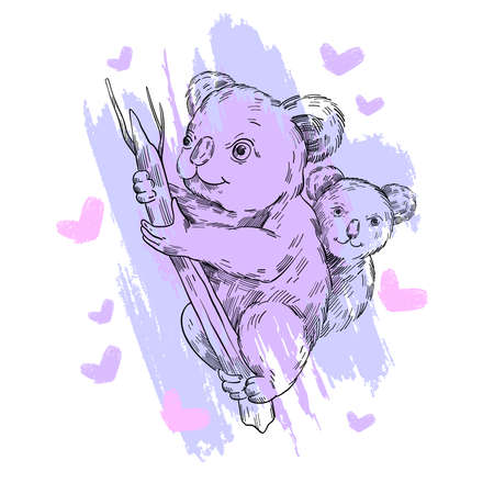 Vector stock illustration with cute koala family in engraving sketch style. Australian animals on the violet abstract background with hearts. For prints, emblems, logos, postcards, posters.のイラスト素材