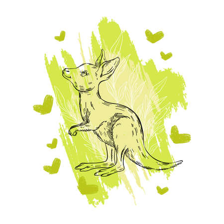Vector stock poster with baby kangaroo on abstract green background with hearts. Cute Australian animal in engraving sketch style. For prints, emblems, logos, postcards.のイラスト素材