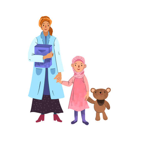 Vector cartoon concept of Muslim female doctor in hijab and a little girl with her toy isolated on the white background. Character design for medical media.のイラスト素材