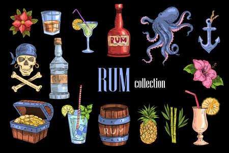Vector âRum collectionâ set of stickers with various objects, such as pirate skull, bottles, cask, pineapple, chest with gold, anchor and cute friendly octopus. Labels in engraving grunge style.のイラスト素材