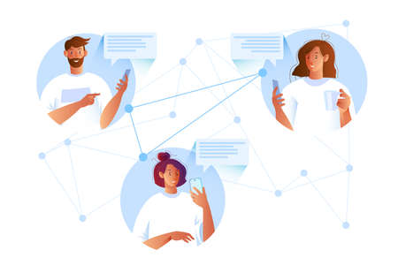 Young female and male characters communicating online via smartphones. Group chat and teamwork...