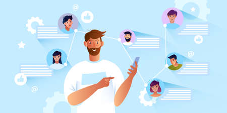 Online communication concept with young bearded male character using smartphone. Group chat banner with usersâ avatars and message bubbles. Internet teamwork and social media background.のイラスト素材