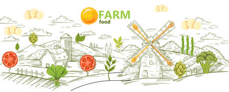 Vector stock banner âFarm Foodâ with village landscape in engraving style. Concept for advertisement of fresh farm products, such as vegetables, cheese, eggs, dairy. Trendy collage illustration.のイラスト素材