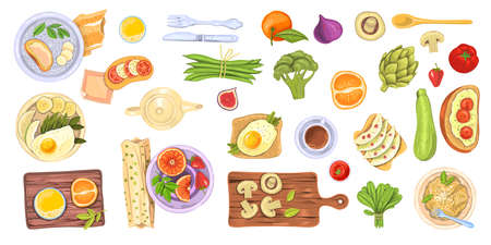 Big vector food set with healthy dishes, tasty breakfast and brunch elements, vegetables, fruit and drinks. Illustrations for icons, emblems and logos in realistic style isolated on white.のイラスト素材