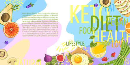Vector colorful healthy food concept. Diet banner with avocado, orange, juice, fig, green beans and mushrooms. Abstract shapes and letters on background with space for text.のイラスト素材