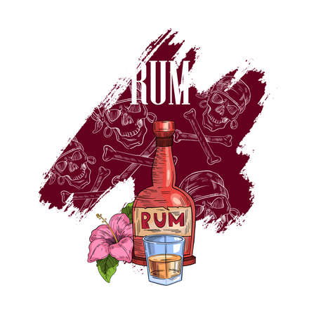 Colorful modern stock label for rum bottle with tropical flower, elegant glass with black rum and red brushstroke with pirate skulls. For  menus, bars, cocktail cards, invitations for parties.のイラスト素材