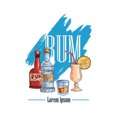Vector stock illustration âRumâ isolated on white. Engraving label with bottles and glasses with cocktails. Blue brushstroke on the background. のイラスト素材