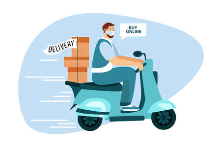 Vector stock illustration with courier in mask on motorbike. Safe contactless delivery concept in flat style. Male character on scooter brings the goods in boxes during quarantine. のイラスト素材