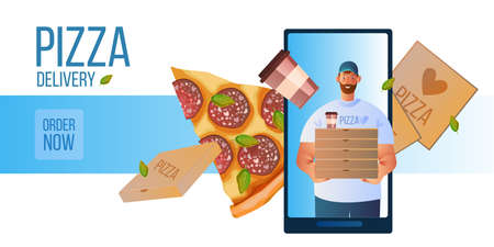 Free delivery concept with young courier, boxes, smartphone screen, realistic pepperoni slice. Order food online banner with smiling man, coffee cup and pizza piece. Vector illustration in flat styleのイラスト素材