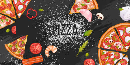 Tasty pizza banner with slices, tomatoes, mushrooms, shrimps, flour. Italian food concept in realistic style on black background. Pizzeria illustration for advertisements, menus, flyers.のイラスト素材