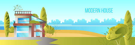 Modern house vector banner with lake, cityscape green trees, building. Horizontal landscape with futuristic architecture, road, river and bushes. Real estate illustration in flat styleのイラスト素材