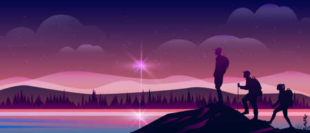 Hiking vector illustration with group of people climbing the mountain. Travel banner with forest landscape, touristsâ silhouettes, night sky, clouds, stars and lake. Horizontal violet woodland view のイラスト素材