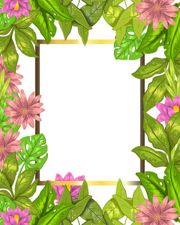 Vector hand drawn stock floral wedding frame with lotus, leaves, monstera and tropical flowers on white background. Concept for invitation design, greeting cards, photo frames, albums, social media.のイラスト素材