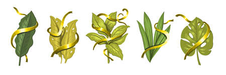 Hand drawn stock vector set with various tropical leaves and gold stripes. Design for wedding cards, invitations, posters, logos. Colorful realistic prints isolated on white.のイラスト素材