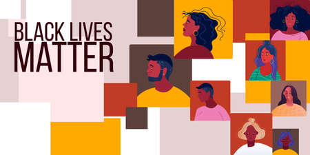No racism abstract background with young black women and men faces. Black lives matter banner with...