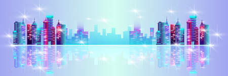 Horizontal neon city background with skyscrapers, modern city night view, cityscape, reflections. Urban metropolis landscape in flat style with lights, flares, buildings, copy space. Cyberpunk banner のイラスト素材