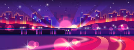 Night life banner with interstate, lights, monorail, cityscape, stars. Neon city background with skyscrapers, road, modern buildings exterior, flares, floodlights. Urban landscape in violet colorsのイラスト素材