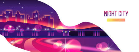 Night city web page design with neon urban landscape and copy space. Panoramic illuminated metropolis view with interstate, monorail, cityscape, lights.  Abstract cyberpunk background のイラスト素材