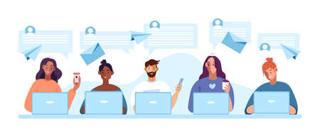 Teamwork multinational concept with different looking people, laptops, smm icons. Network illustration in flat style with young freelancers working together. Online chat banner with colleaguesのイラスト素材