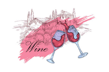 Italian red wine illustration with glasses, Tuscany farm landscape on background. Alcoholic drinks sketch with rural French view, brushstroke, splash in engraving vintage style.のイラスト素材