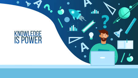 Online education website banner with young male student, laptop, science icons and symbols. Virtual...
