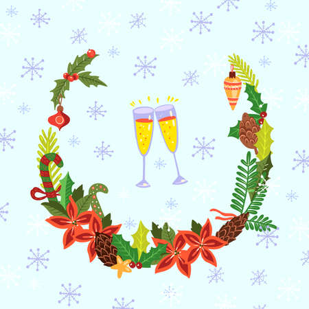 Christmas vector wreath with, decorative snowflakes and two glasses with Champaign. Happy new 2021 postcard on blue for postcards, posters, greetings, invitations. Holliday engraving illustrationのイラスト素材