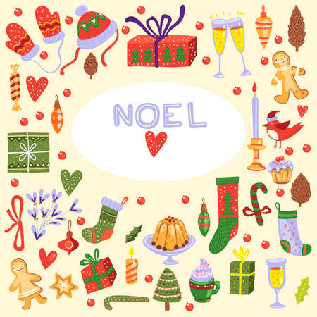 Christmas items large vector set with cookies, gingerbread, toys, boxes, mittens, socks, candies, candles. Happy New 2021 Year winter stickers collection with hearts, bullfinch, pinecones, pastry, cakeのイラスト素材