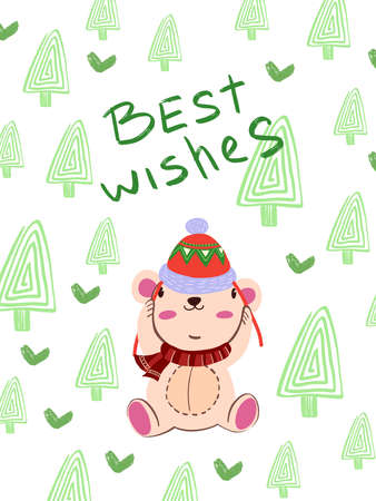 Christmas winter vector illustration in Scandinavian style âBest Wishesâ. Cute poster with bear in red Christmas hat and scarf. Green trees and hearts on the background. Print, postcard, greeting cardのイラスト素材