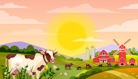 Milk farm vector landscape with bull, green fields, cows, big rising sun, grass, mill. Countryside rustic morning view with pink sky, road, barn, village houses. Livestock illustration in flat styleのイラスト素材