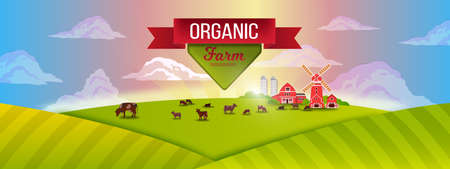 Organic farm vector landscape with livestock, green fields, hills, red ribbon, morning sunrise, clouds. Agricultural farming illustration in flat style with cows for organic products, local marketsのイラスト素材