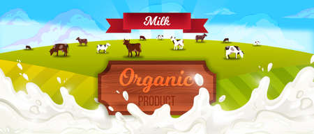 Milk farm landscape with cows, red ribbon, green hills, wooden signboard, clouds. Agriculture farming banner with milk splash, herd, fields, meadow. Rural countryside background in cartoon styleのイラスト素材
