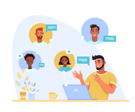 Video conference illustration with man freelancer communicating with diverse people online....