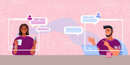 Virtual meeting or call concept with cheerful young couple talking in internet. Online relationship...